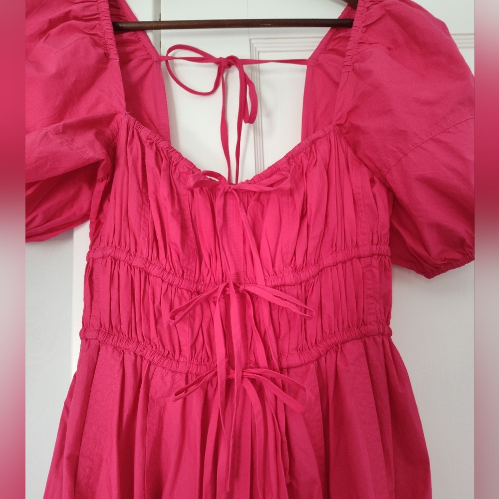 Ulla Johnson Palma Vibrant Barbie Pink Peasant Cotton Puff Sleeve Midi Dress - Picture 8 of 16
